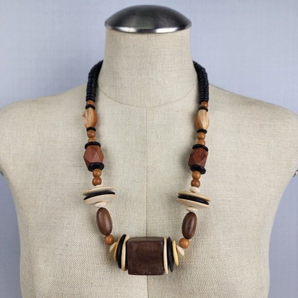 Vintage Natural Wood Brown Beaded Statement Necklace - Picture 1 of 7